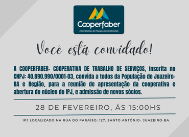 Convite para reunião de Apresentação da Cooperfaber no INSTITUTO DE PREVIDÊNCIA DE JUAZEIRO – IPJ.